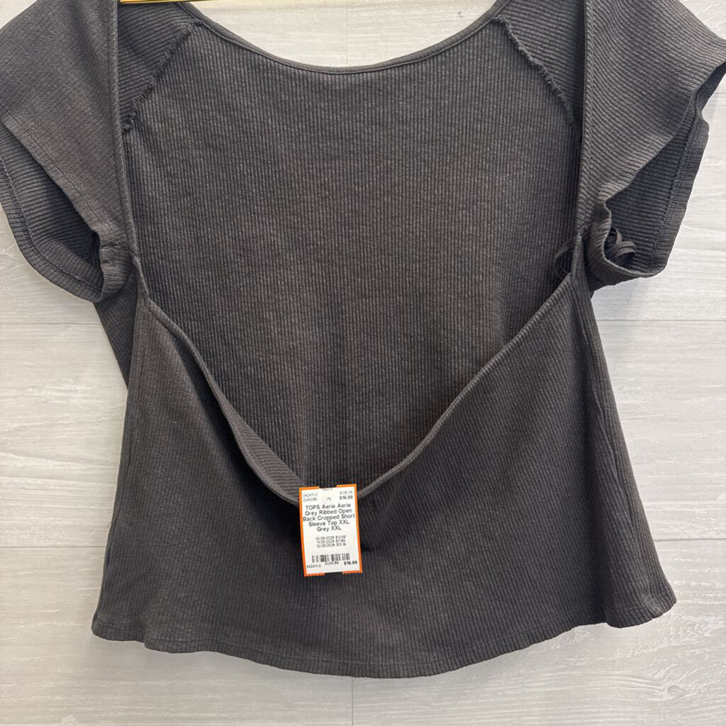 Aerie Grey Ribbed Open Back Cropped Short Sleeve Top XXL
