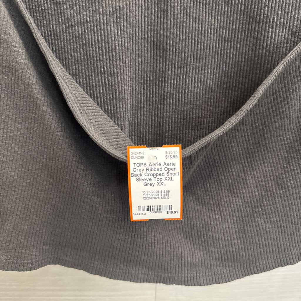 Aerie Grey Ribbed Open Back Cropped Short Sleeve Top XXL