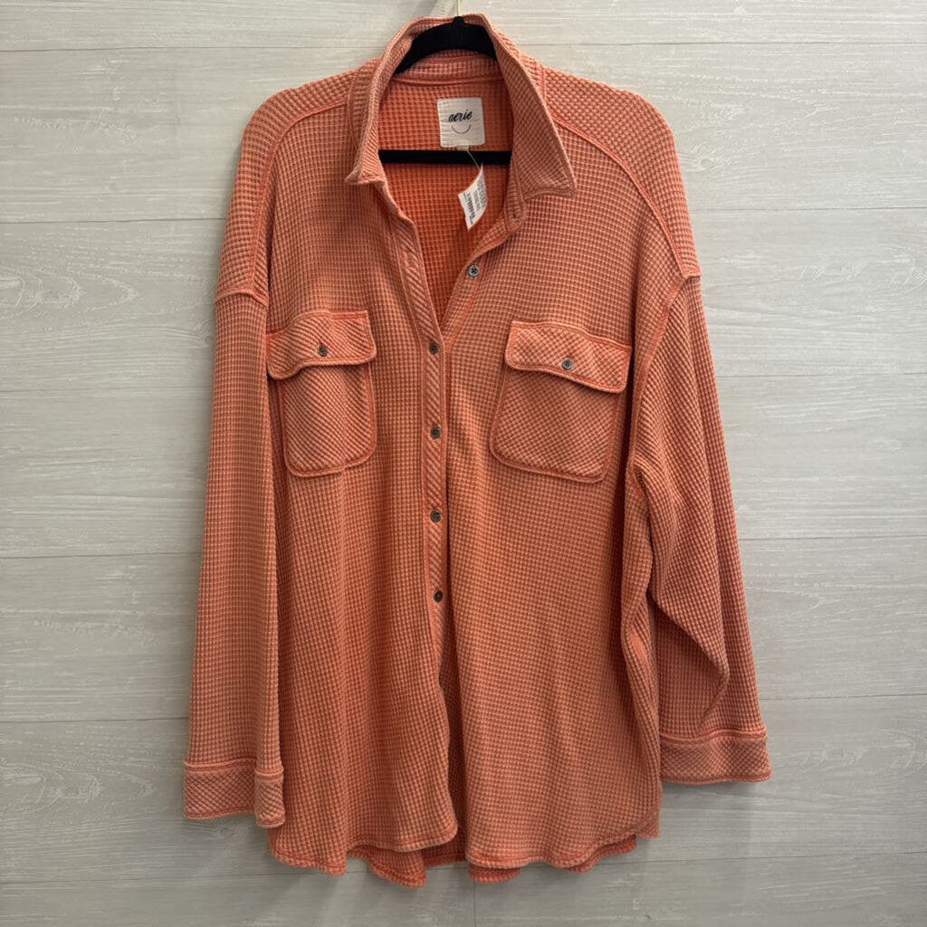 Aerie Orange Textured Long Sleeve Button Down Top Extra Large