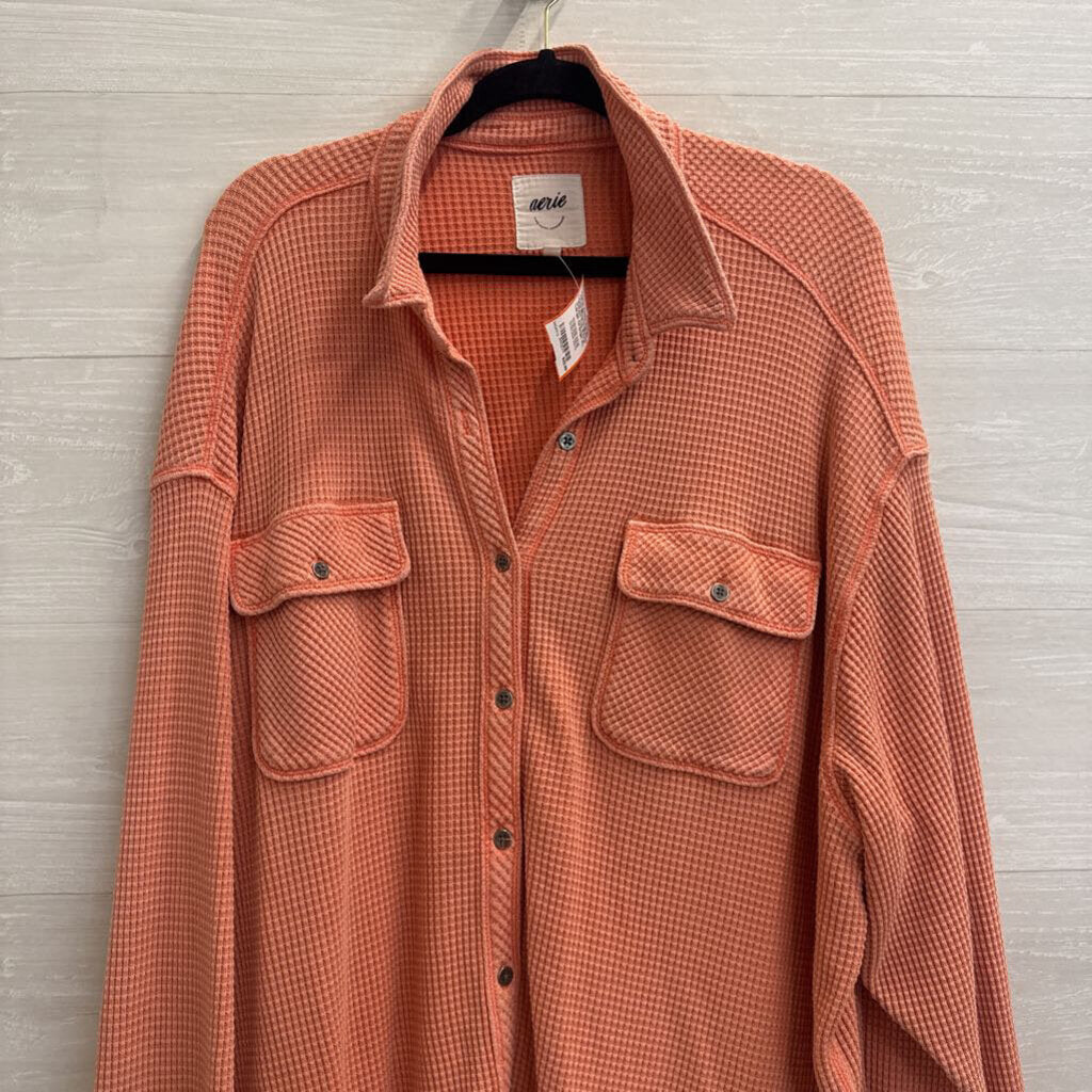 Aerie Orange Textured Long Sleeve Button Down Top Extra Large