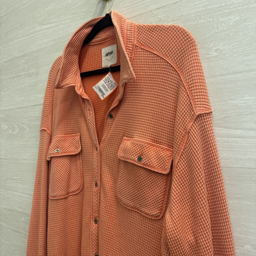 Aerie Orange Textured Long Sleeve Button Down Top Extra Large