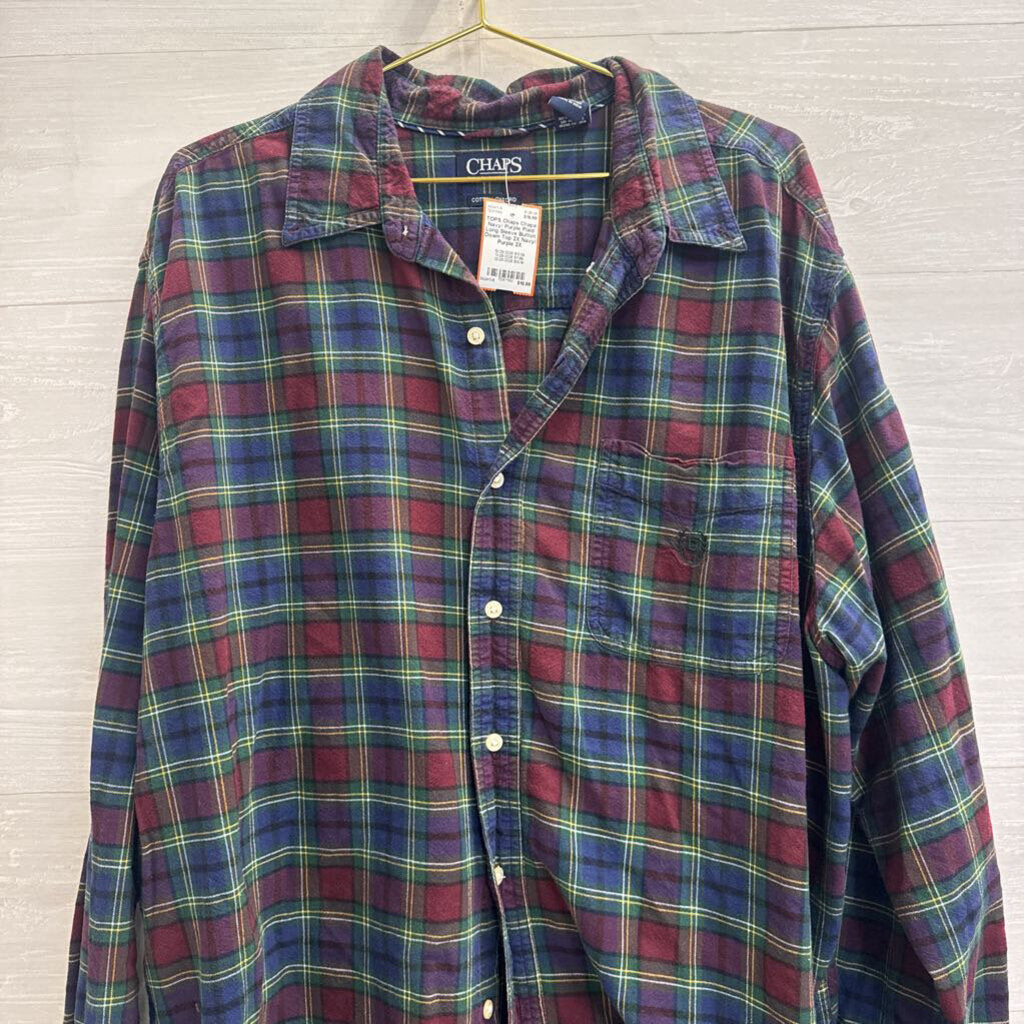 Chaps Navy/ Purple Plaid Long Sleeve Button Down Top 2X
