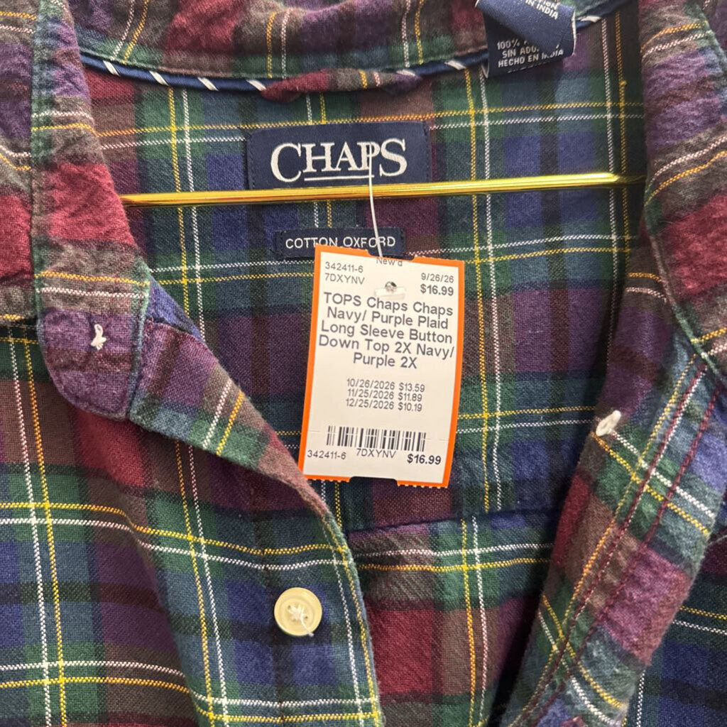 Chaps Navy/ Purple Plaid Long Sleeve Button Down Top 2X