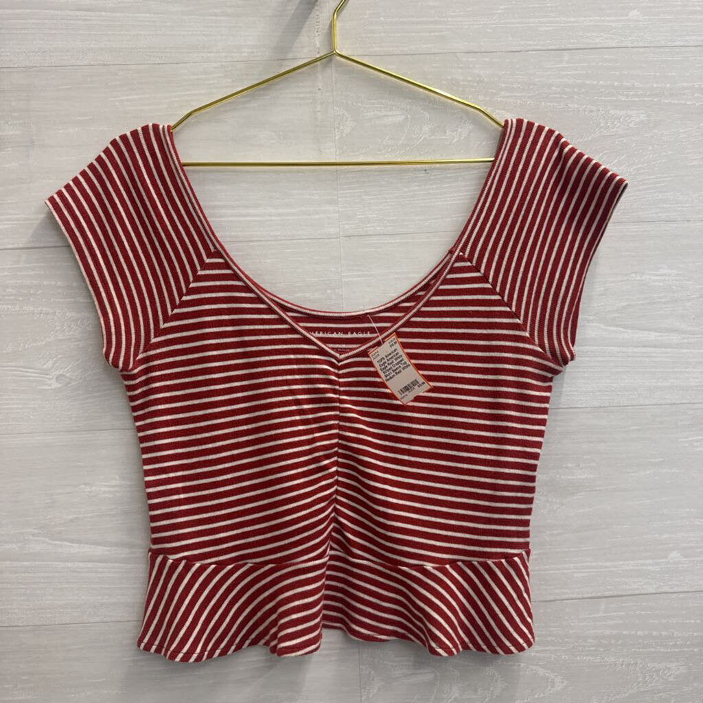 American Eagle Red/ White Striped Cropped Short Sleeve Top Medium