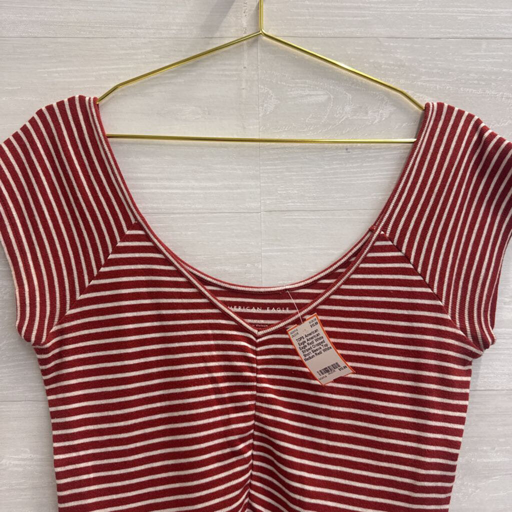 American Eagle Red/ White Striped Cropped Short Sleeve Top Medium
