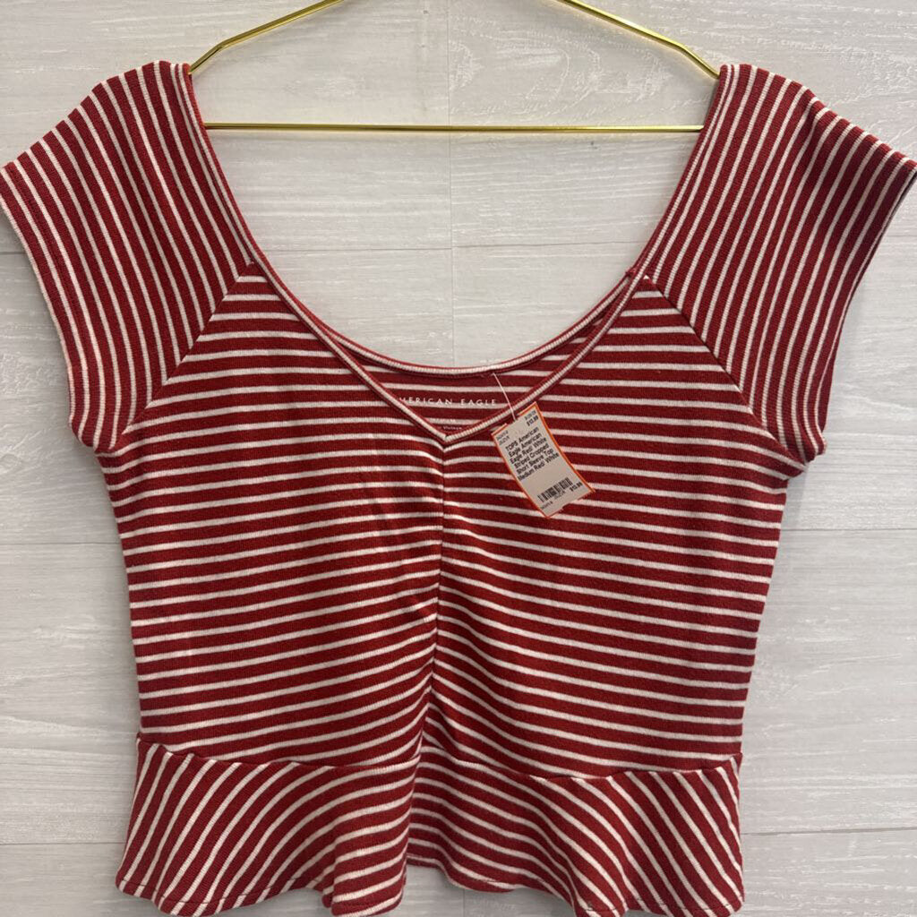 American Eagle Red/ White Striped Cropped Short Sleeve Top Medium