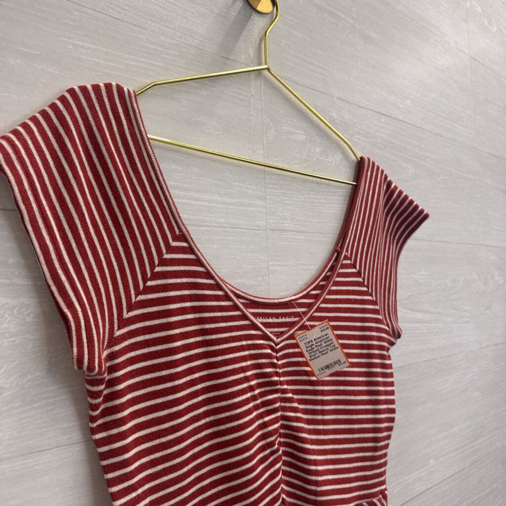 American Eagle Red/ White Striped Cropped Short Sleeve Top Medium