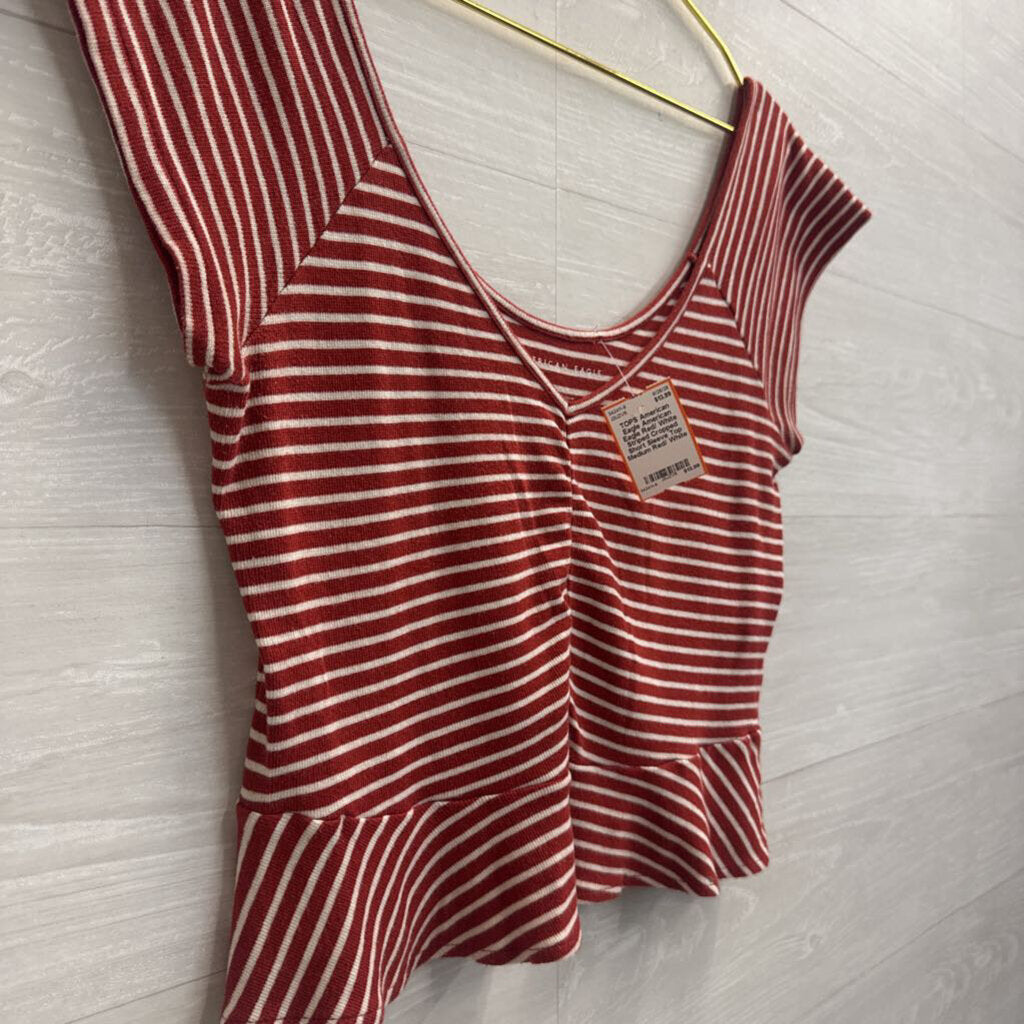 American Eagle Red/ White Striped Cropped Short Sleeve Top Medium