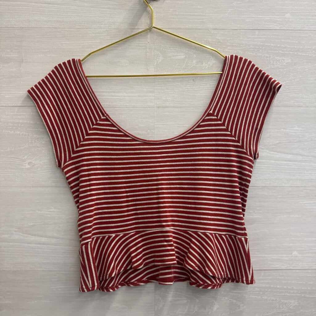 American Eagle Red/ White Striped Cropped Short Sleeve Top Medium