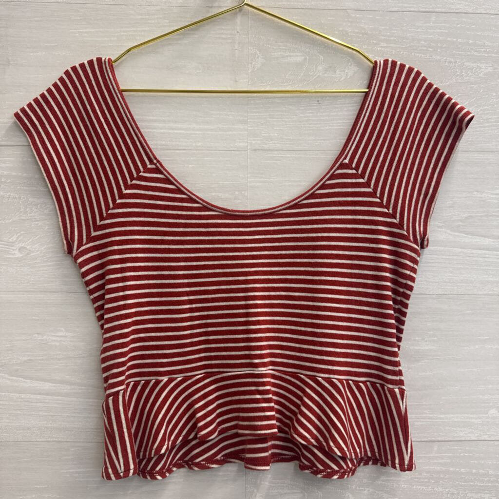 American Eagle Red/ White Striped Cropped Short Sleeve Top Medium