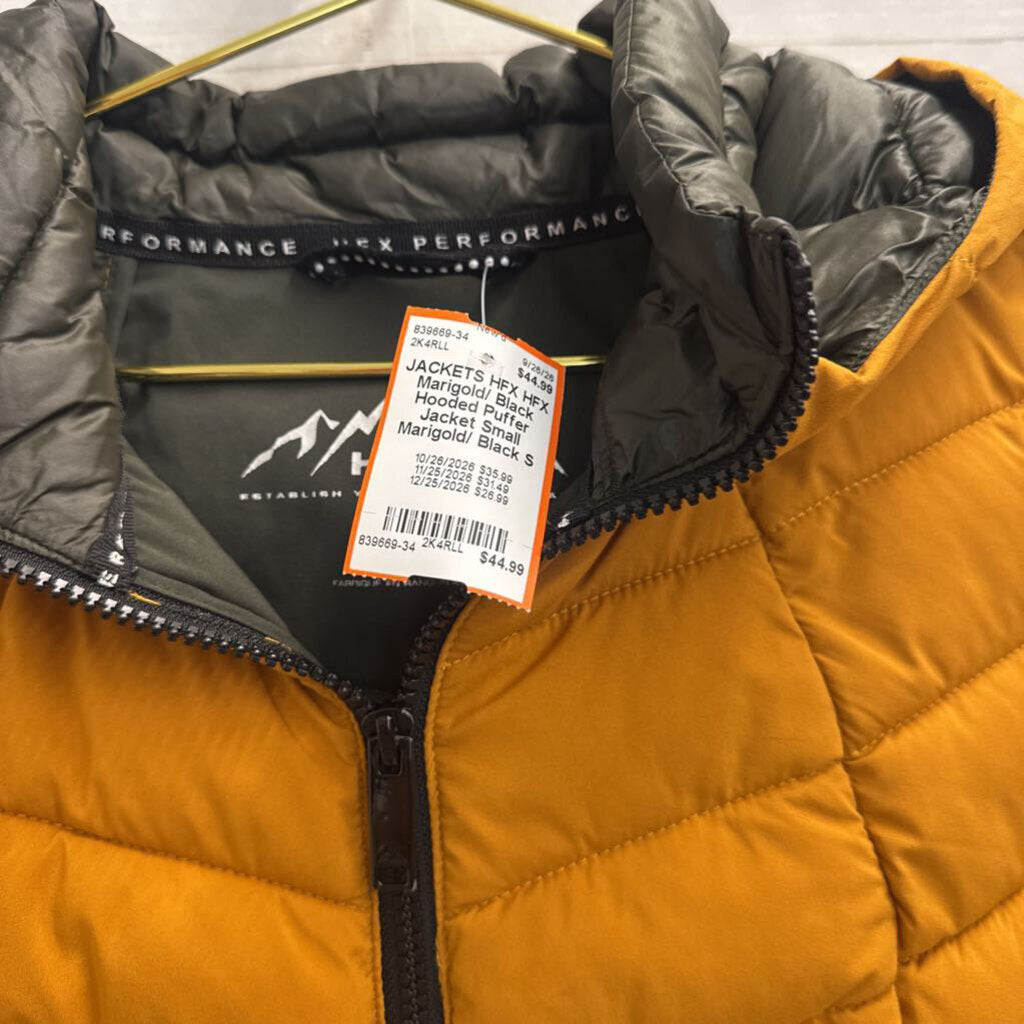 HFX Marigold/ Black Hooded Puffer Jacket Small