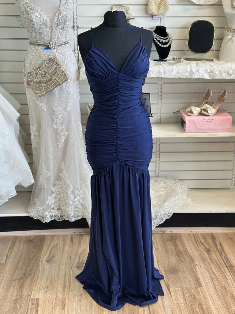 Katia Rae Navy Ruched Tie Back Long Formal Dress Medium