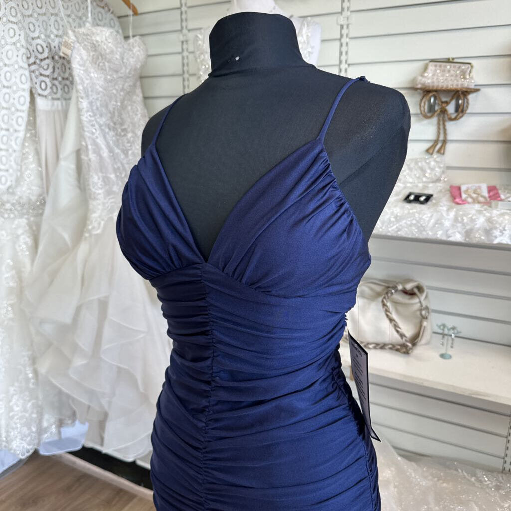 Katia Rae Navy Ruched Tie Back Long Formal Dress Medium