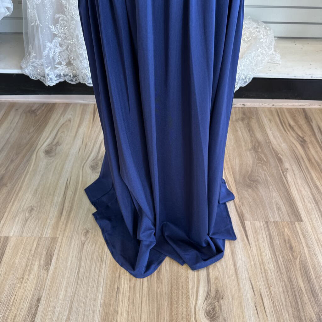 Katia Rae Navy Ruched Tie Back Long Formal Dress Medium