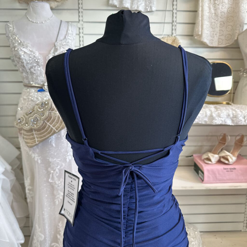 Katia Rae Navy Ruched Tie Back Long Formal Dress Medium
