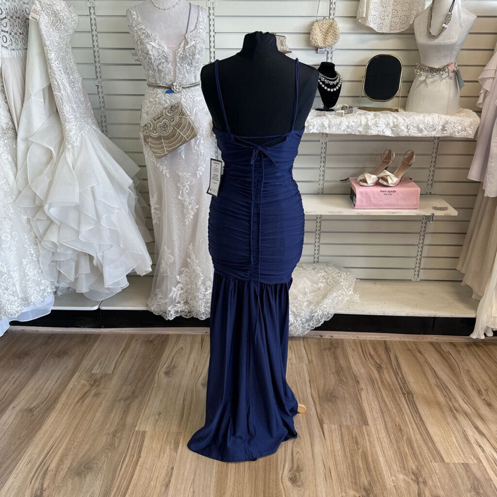 Katia Rae Navy Ruched Tie Back Long Formal Dress Medium