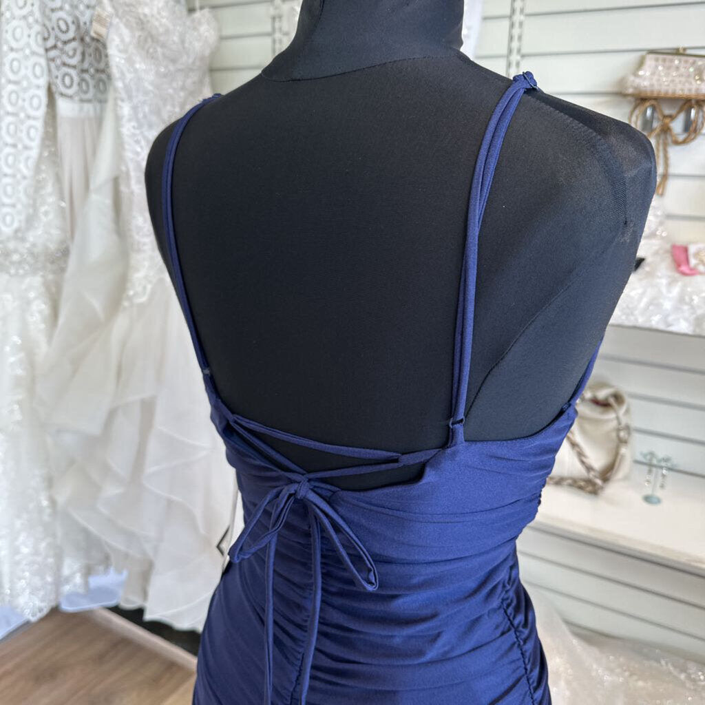 Katia Rae Navy Ruched Tie Back Long Formal Dress Medium
