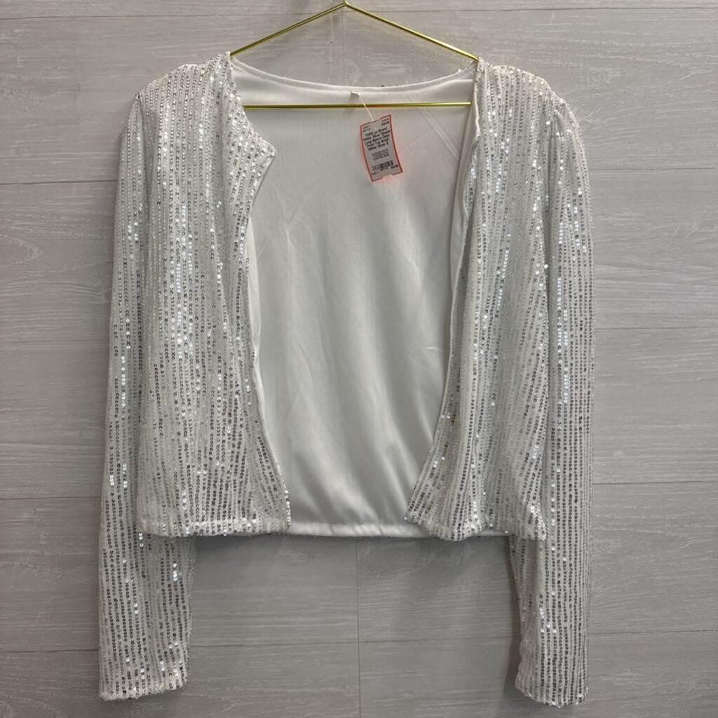 White/ Silver Sequin Long Sleeve Open Front Top Small