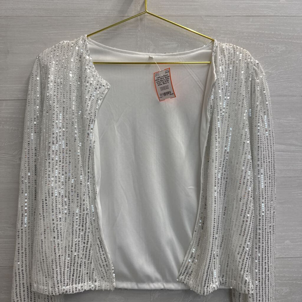 White/ Silver Sequin Long Sleeve Open Front Top Small