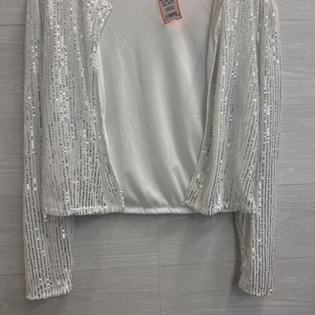 White/ Silver Sequin Long Sleeve Open Front Top Small