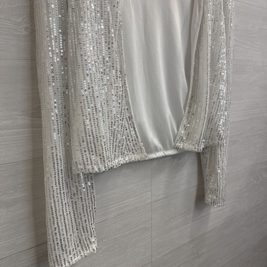 White/ Silver Sequin Long Sleeve Open Front Top Small