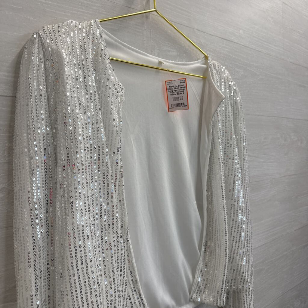 White/ Silver Sequin Long Sleeve Open Front Top Small
