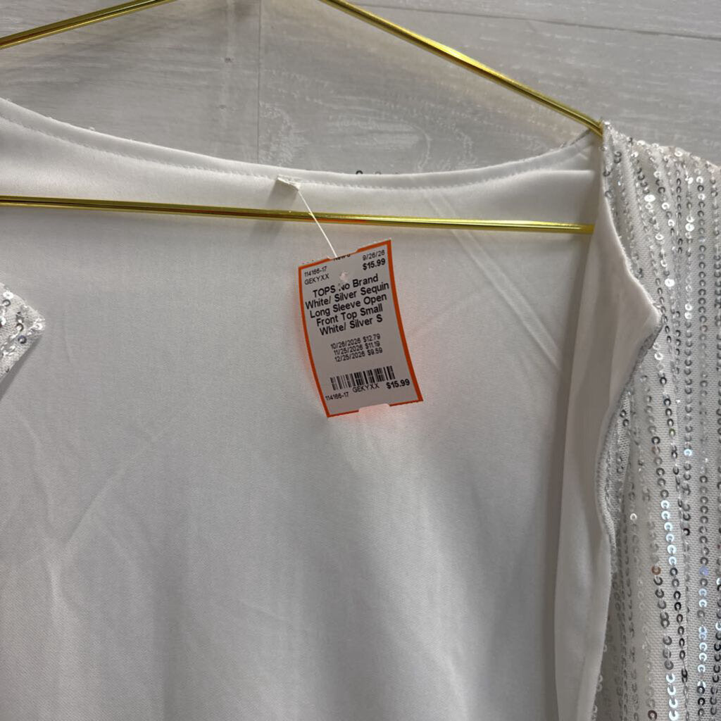 White/ Silver Sequin Long Sleeve Open Front Top Small