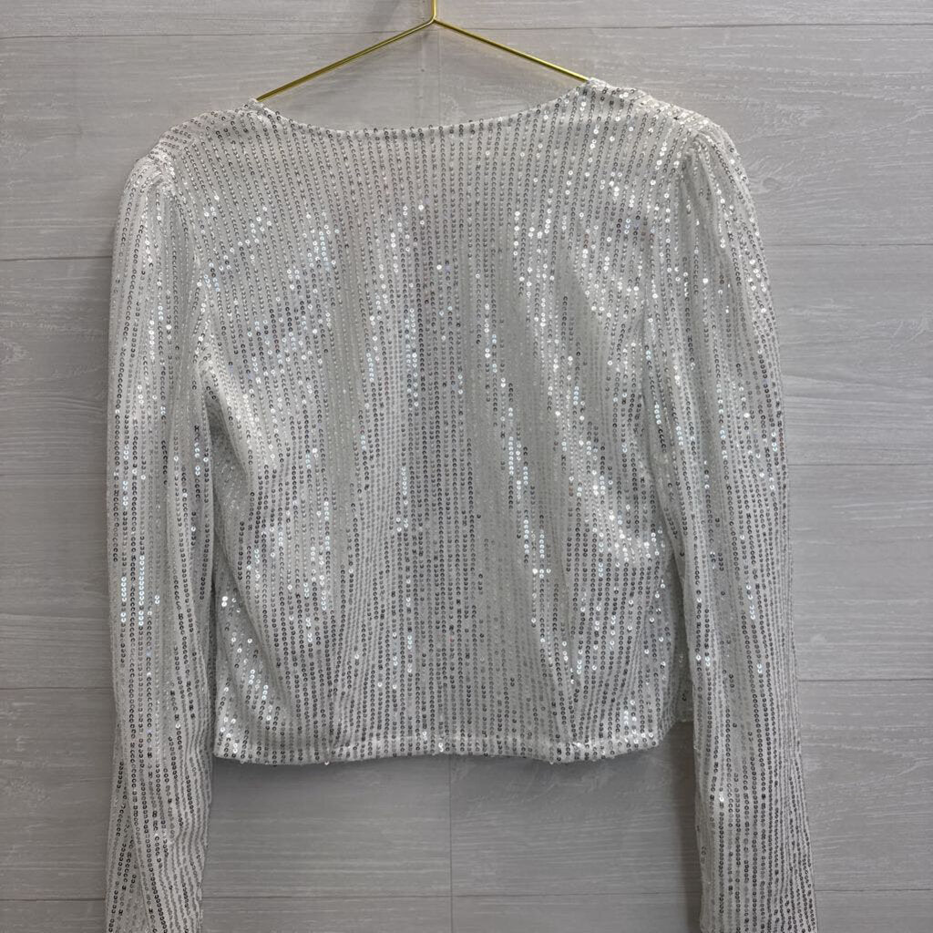 White/ Silver Sequin Long Sleeve Open Front Top Small
