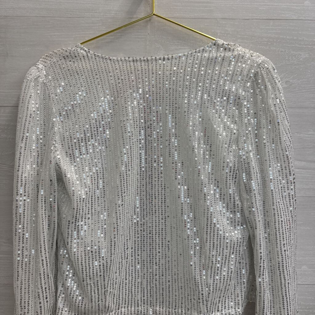 White/ Silver Sequin Long Sleeve Open Front Top Small