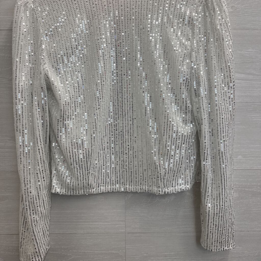 White/ Silver Sequin Long Sleeve Open Front Top Small