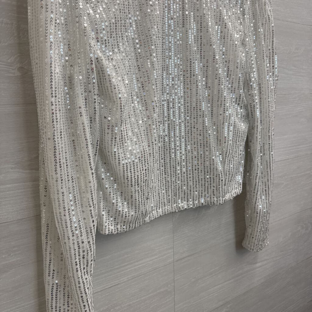White/ Silver Sequin Long Sleeve Open Front Top Small