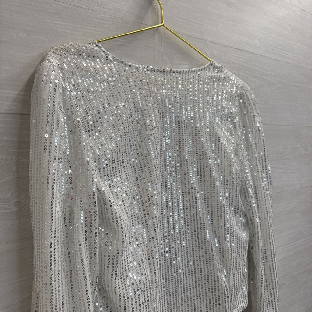 White/ Silver Sequin Long Sleeve Open Front Top Small
