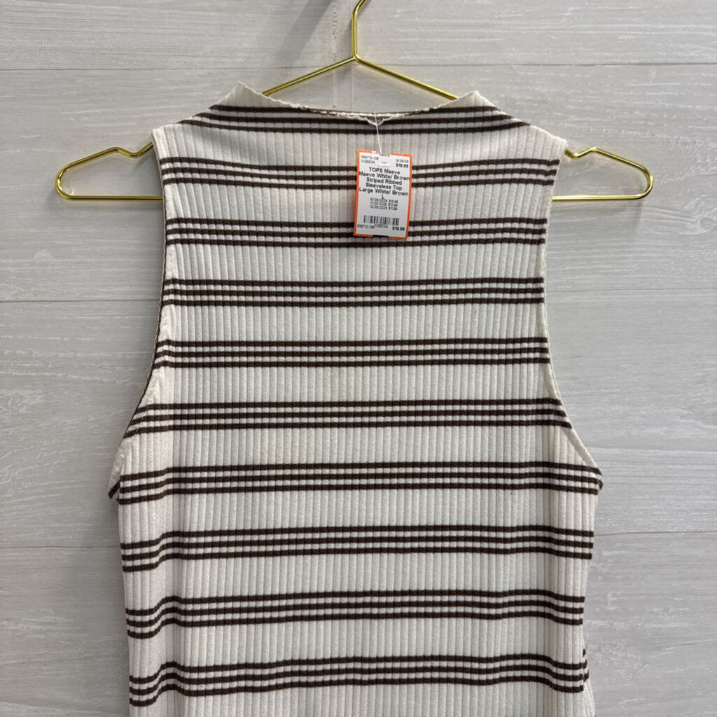 Maeve White/ Brown Striped Ribbed Sleeveless Top Large