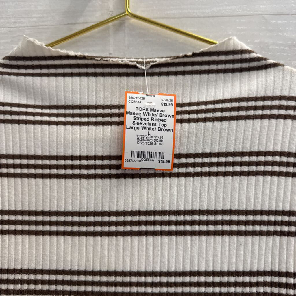Maeve White/ Brown Striped Ribbed Sleeveless Top Large