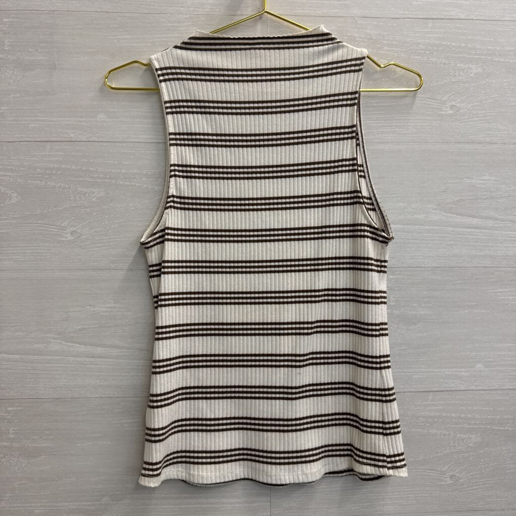 Maeve White/ Brown Striped Ribbed Sleeveless Top Large