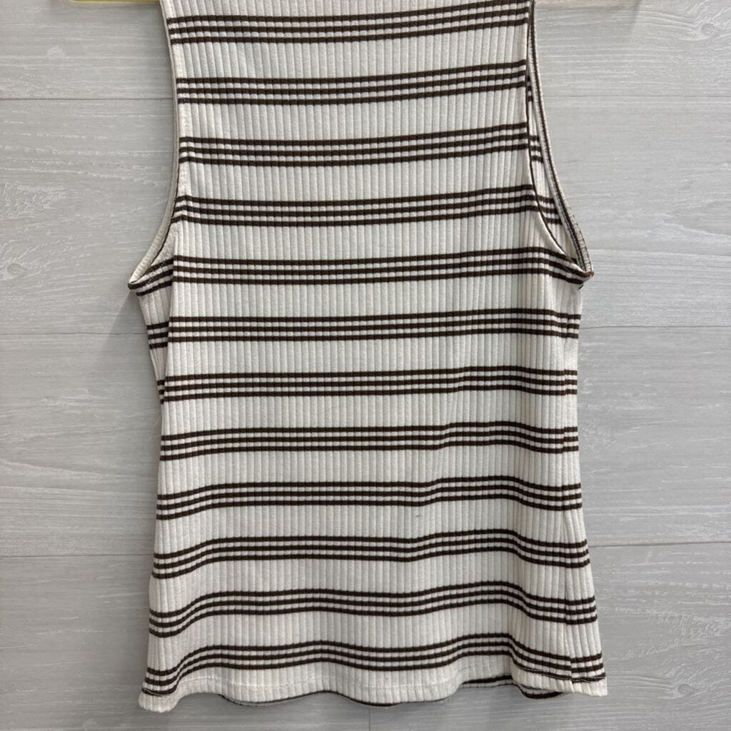 Maeve White/ Brown Striped Ribbed Sleeveless Top Large