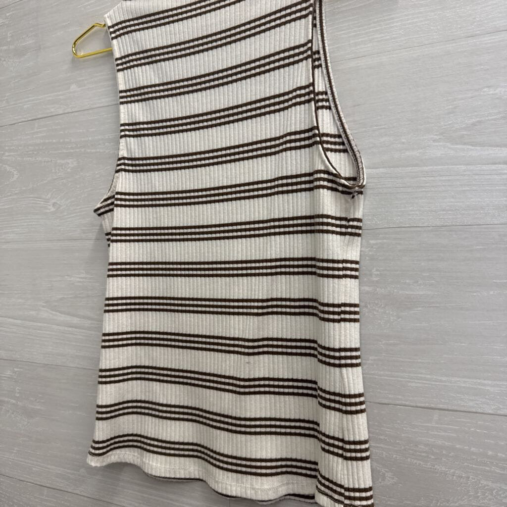 Maeve White/ Brown Striped Ribbed Sleeveless Top Large