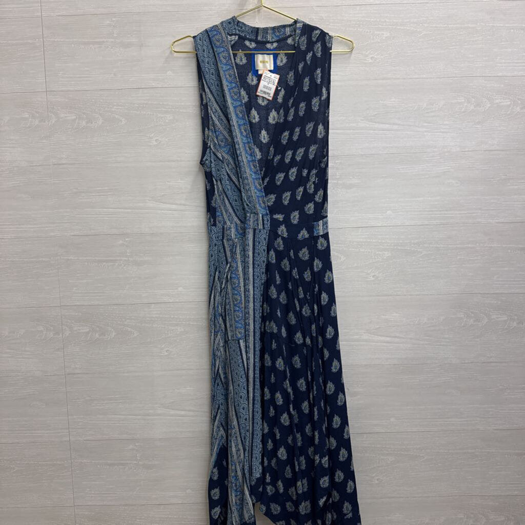 Maeve Navy/ Blue Print V Neck Midi Dress 10