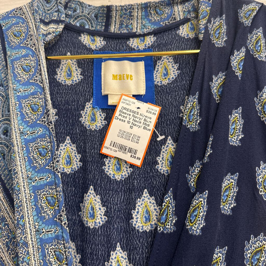 Maeve Navy/ Blue Print V Neck Midi Dress 10