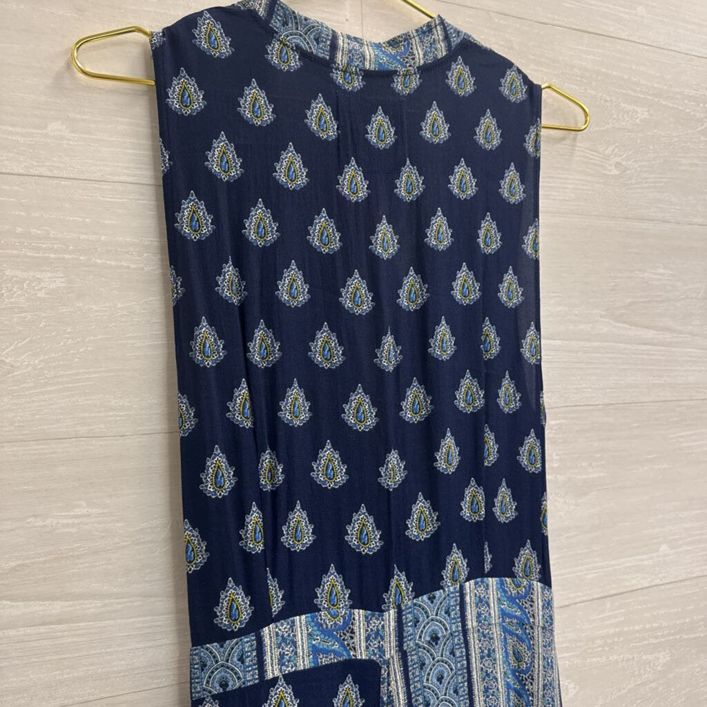 Maeve Navy/ Blue Print V Neck Midi Dress 10