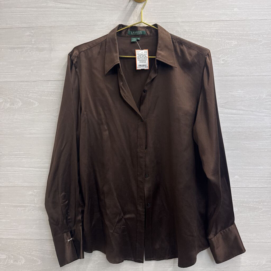 Ralph Lauren Brown 100% Silk Long Sleeve Button Down Top Extra Large