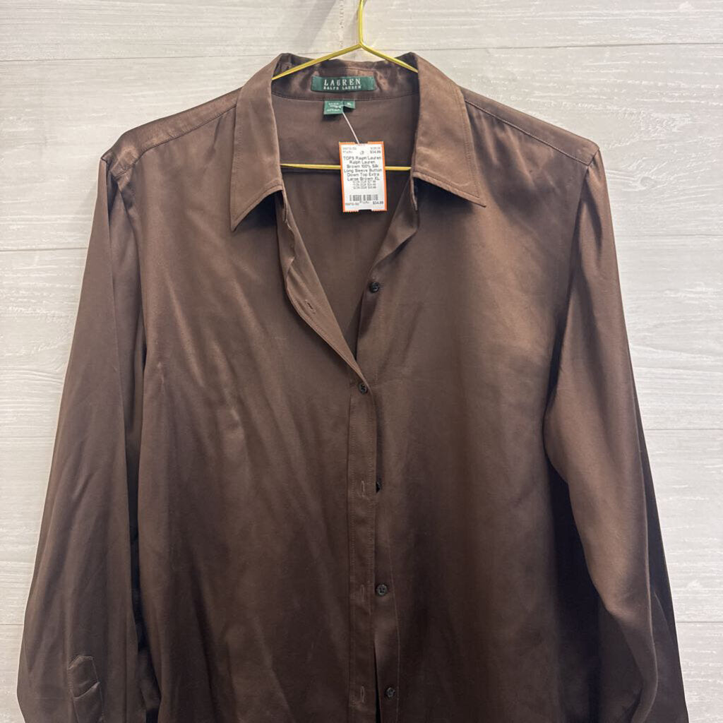 Ralph Lauren Brown 100% Silk Long Sleeve Button Down Top Extra Large