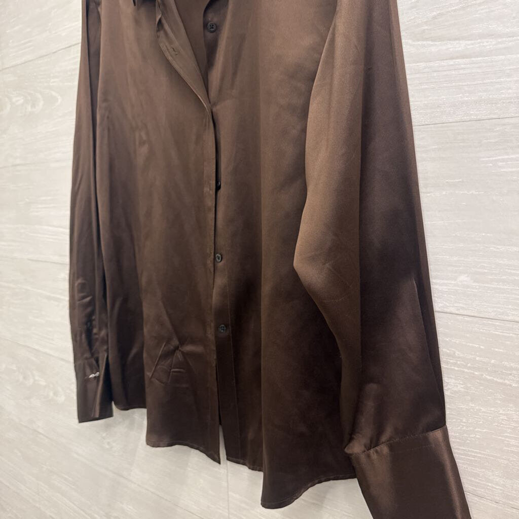 Ralph Lauren Brown 100% Silk Long Sleeve Button Down Top Extra Large