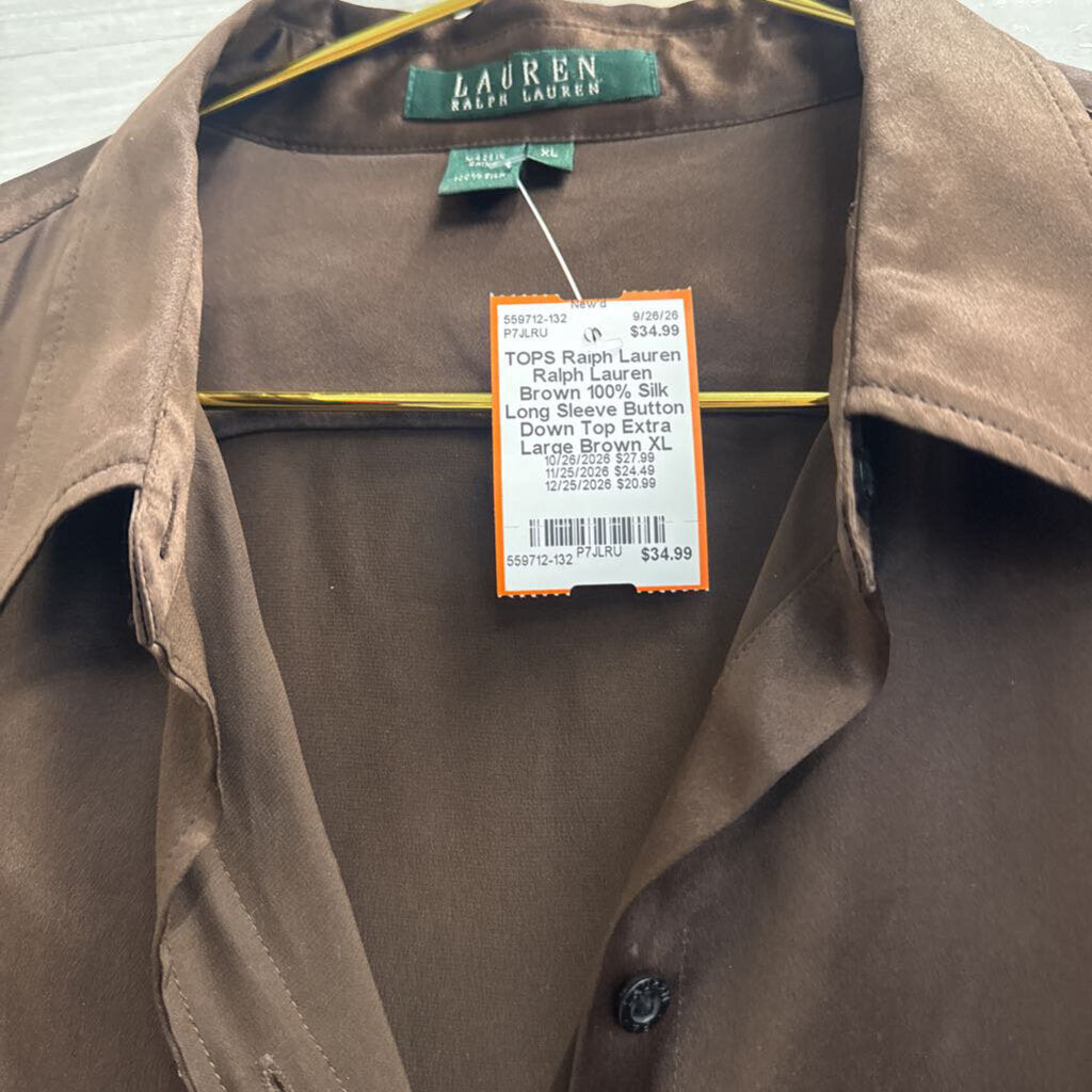 Ralph Lauren Brown 100% Silk Long Sleeve Button Down Top Extra Large