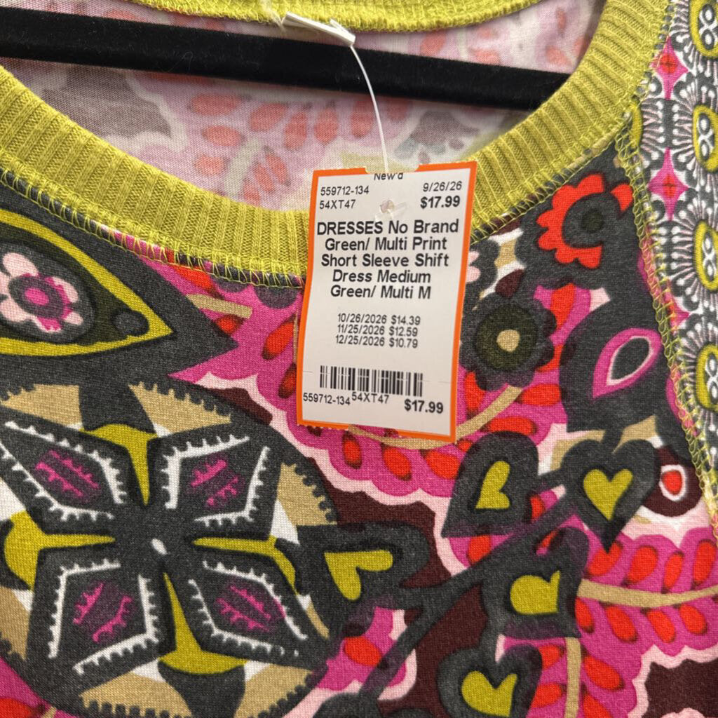 Green/ Multi Print Short Sleeve Shift Dress Medium