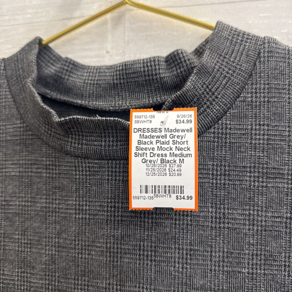 Madewell Grey/ Black Plaid Short Sleeve Mock Neck Shift Dress Medium