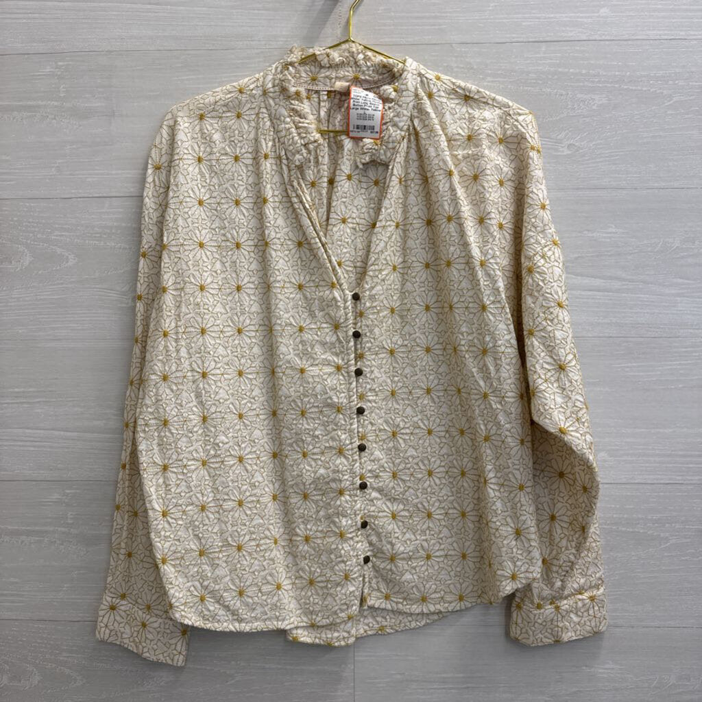 Pilcro White/ Yellow Flower Print Long Sleeve Button Front Top Large