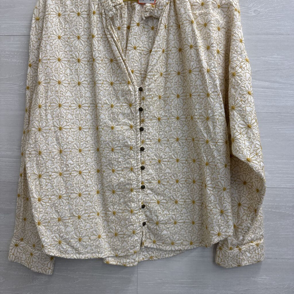 Pilcro White/ Yellow Flower Print Long Sleeve Button Front Top Large