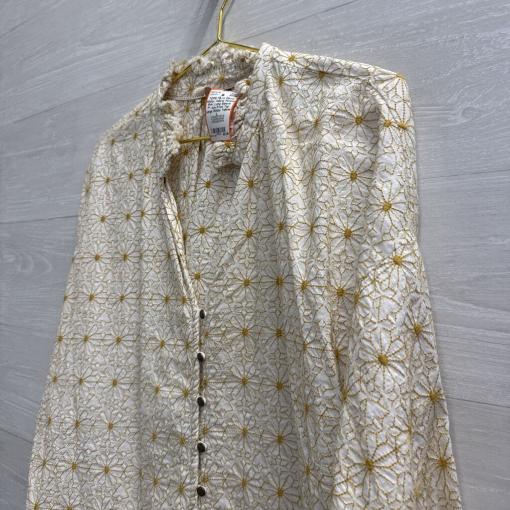 Pilcro White/ Yellow Flower Print Long Sleeve Button Front Top Large