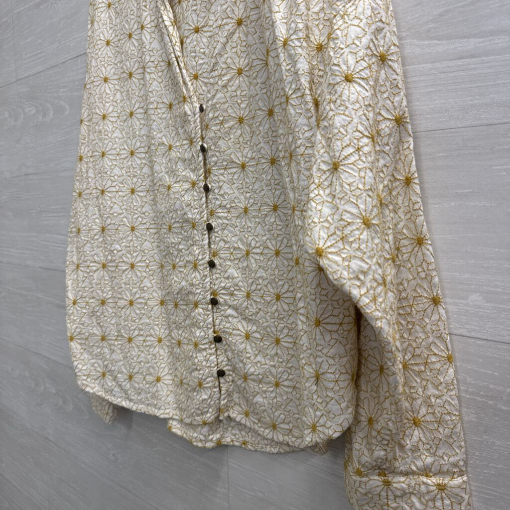 Pilcro White/ Yellow Flower Print Long Sleeve Button Front Top Large